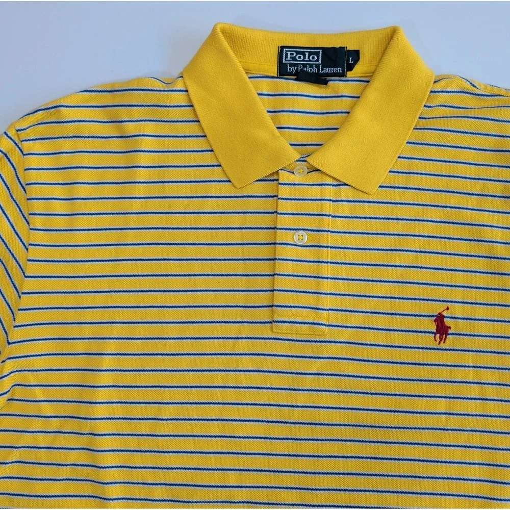 VTG Ralph Lauren Polo Shirt Mens Large Yellow Blue Striped Red Pony Preppy L